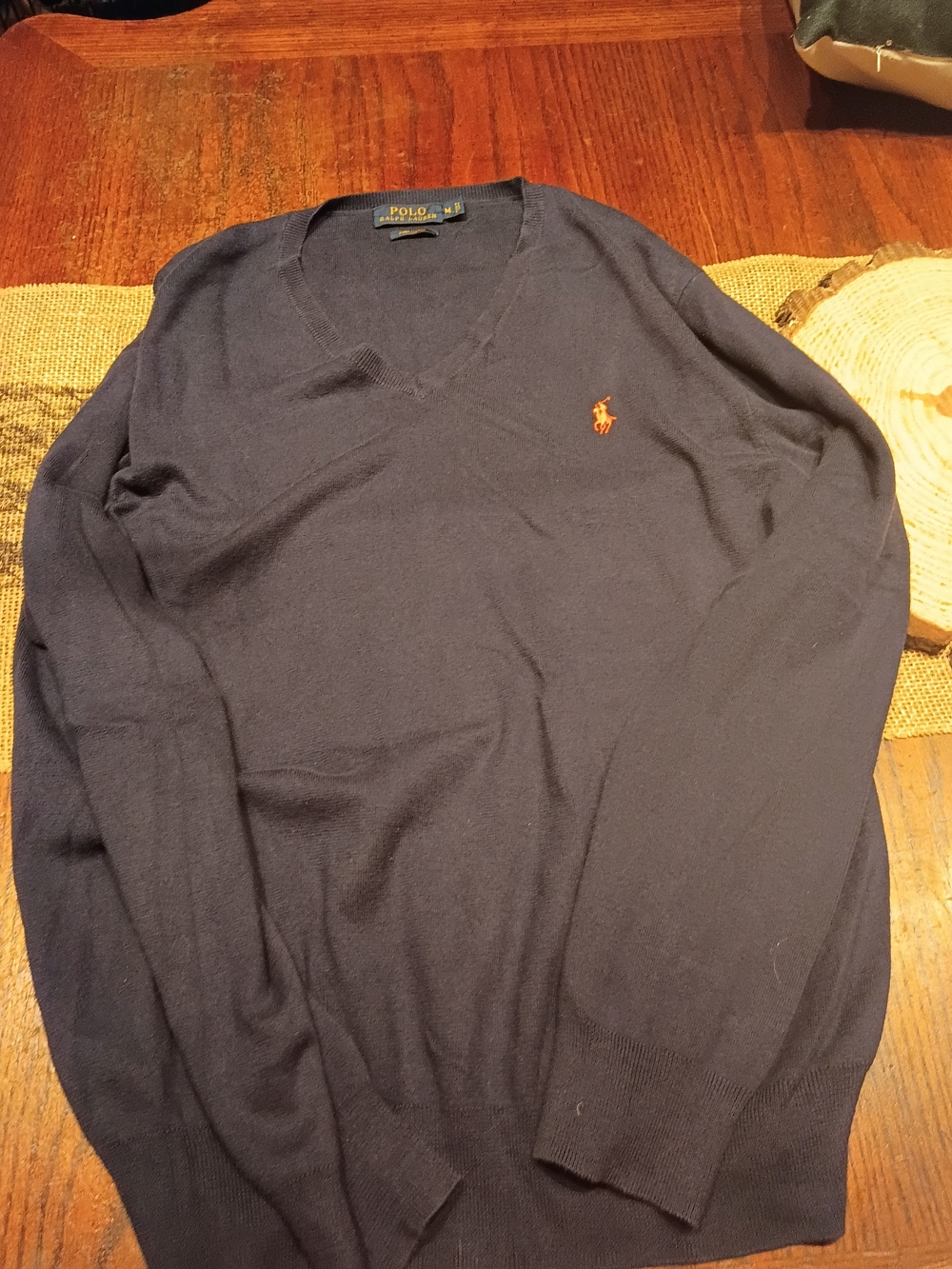 Ralph Lauren Men's Navy Crew Neck Sweater with Orange Pony